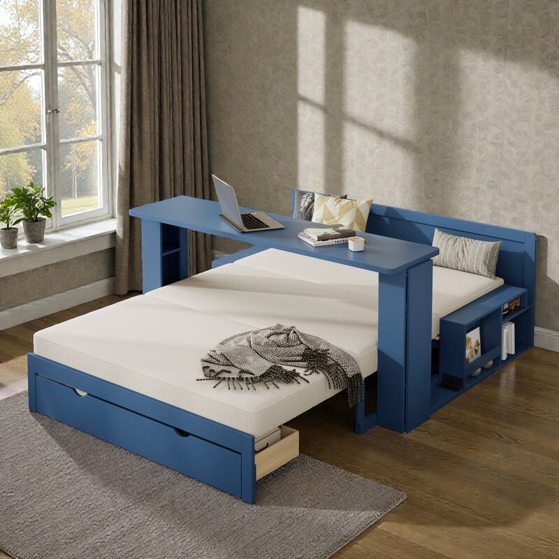 Full Size Daybed with Removable Desk, Storage Drawers & Hydraulic Side Table, Multi-Functional Sofa Bed for Small Spaces