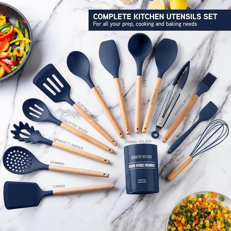 Country Kitchen Non Stick Silicone Utensil Set with Rounded Wood Handles for Cooking and Baking, 14 Piece Set