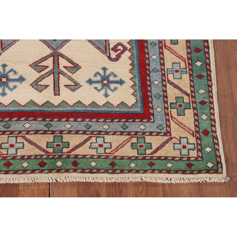 Ivory Geometric Kazak Accent Rug Hand-Knotted Wool Carpet - 3'5" x 5'0"