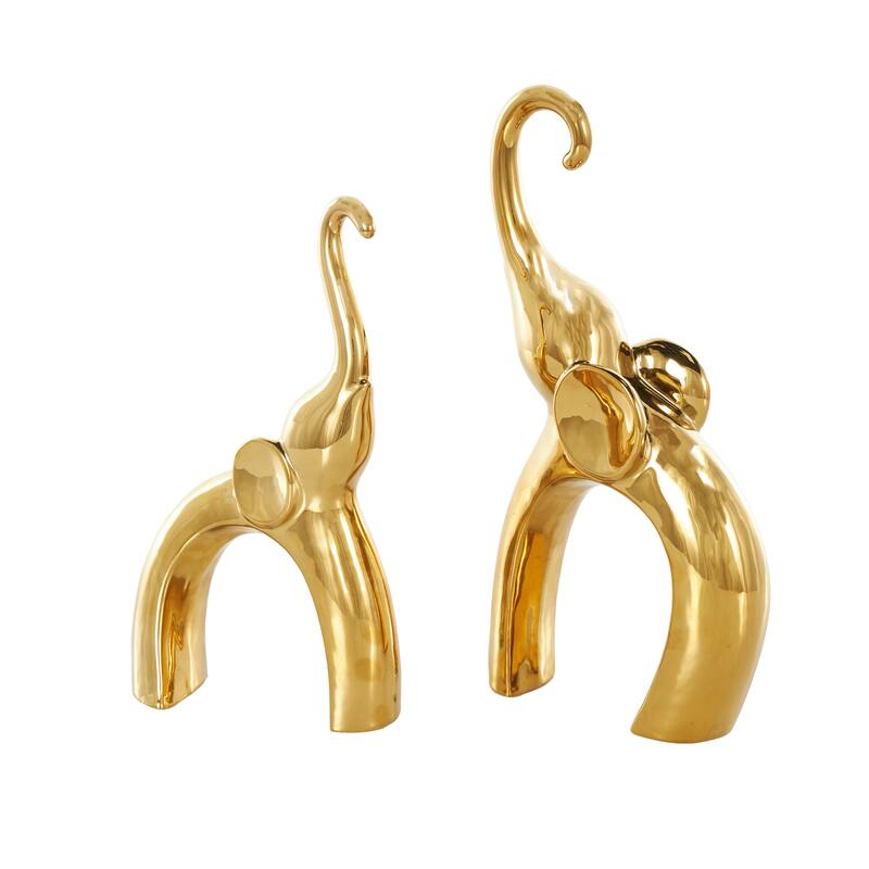 Silver or Gold Ceramic Abstract Arched Cutout Elephant Decorative Sculpture (Set of 2)