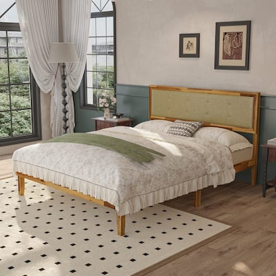 Acacia Wood Platform Bed Frame with Upholstered Headboard - Solid Wood Construction