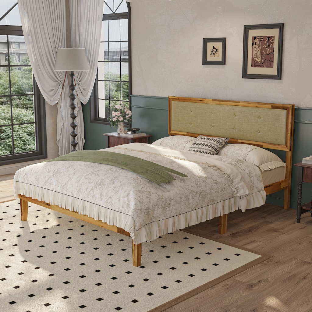 Acacia Wood Platform Bed Frame with Upholstered Headboard - Solid Wood Construction