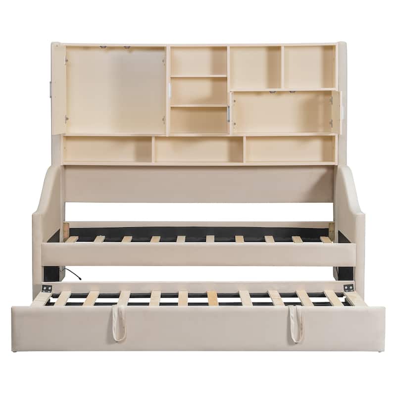 Convertible Twin Daybed with LED Armrests, Storage Shelving & Pop-Up Trundle by Harper&Bright Designs