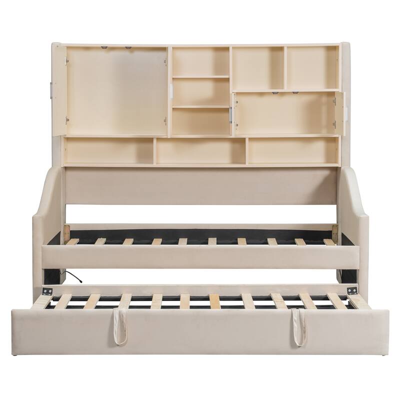 Twin Size Upholstered Daybed Sofa Bed with All-in-one Bookcase Storage Cabinets Shelves, Pull-out Lift-up Trundle, Arm Lights