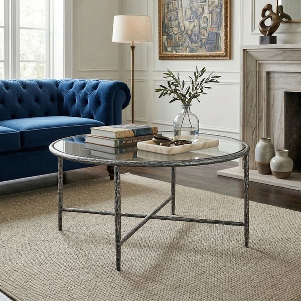slide 2 of 10, 247 Shop At Home Lalia Modern Hammered Metal Round Coffee Table Matte Grey