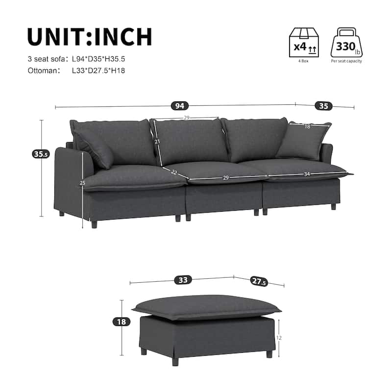 94" Chenille L-Shaped Modular Sectional Sofa with Ottoman & Throw Pillows,and 4-Seater Cloud Couch