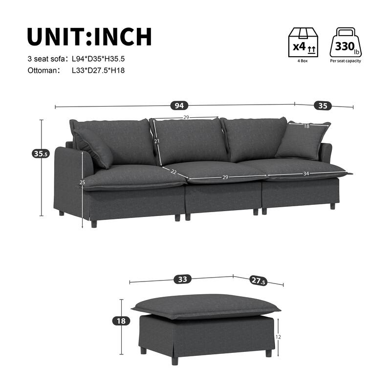 Traditional Modular Chenille Sofa with Skirted Cushions and Ottoman and 2 handrails for Living Room or Guest Room
