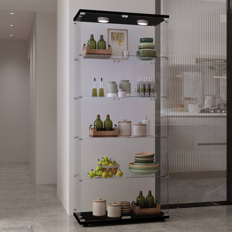 Tempered glass display cabinet with paipai lights,with locks, with adjustable feet,suitable for uneven,living room