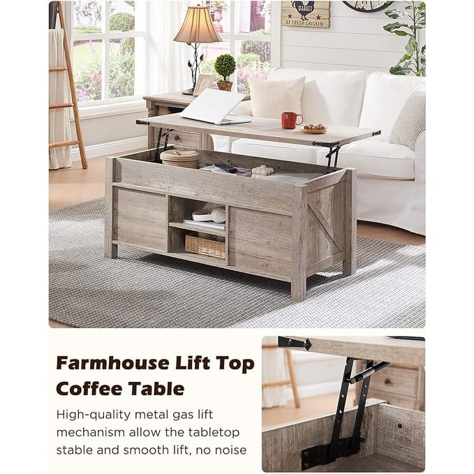 Farmhouse Lift Top Coffee Table, Rustic Center Table, Lifting Tabletop