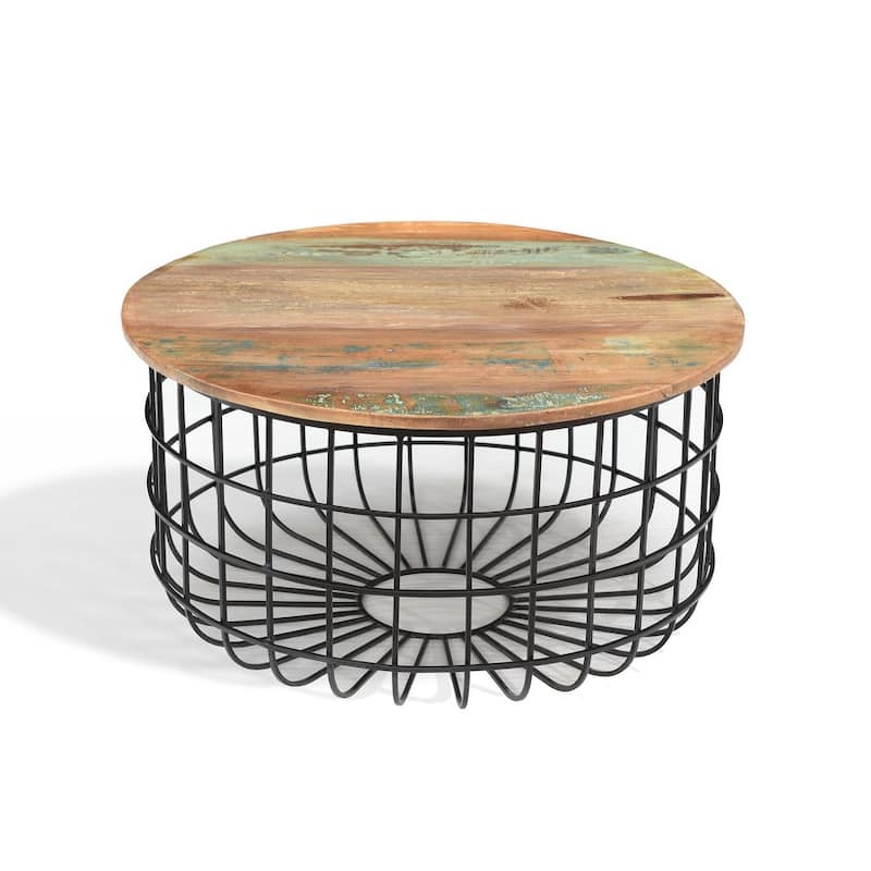 Reclaimed wood top with metal mesh base coffee table - 28"