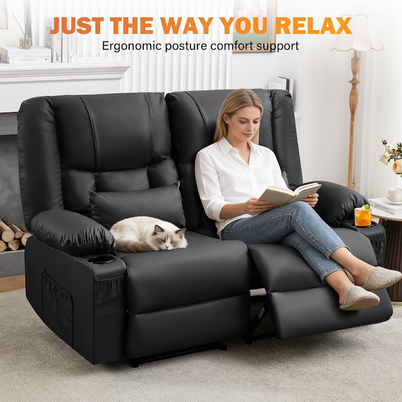 Manual Recliner Loveseat with Massage & Heating, Cup Holders & Side Pocket for Living Room