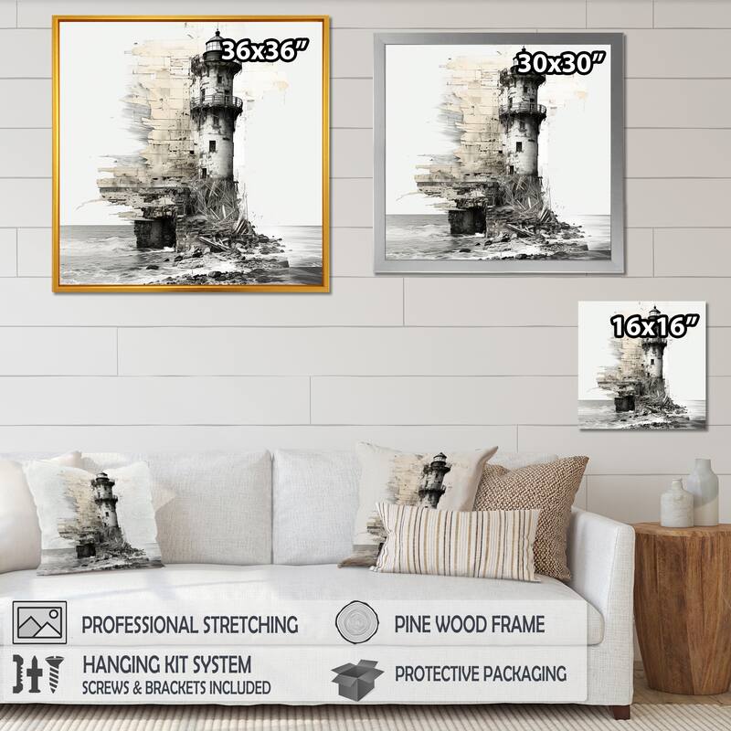 Designart "Mysterious Black And White Lighthouse I" Coastal Wall Art
