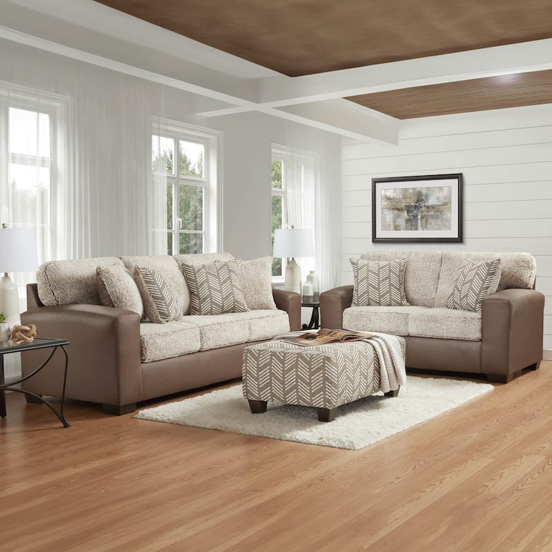 Roundhill Furniture Marvella 4-Piece Living Room Set, Chocolate Faux Leather Upholstery and Curly Shearling Cushions