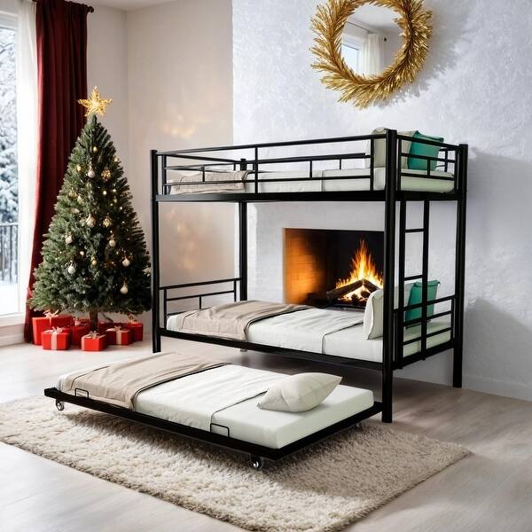 slide 2 of 28, Metal Twin over Twin Bunk Bed with Trundle and Guardrail, Silver Black