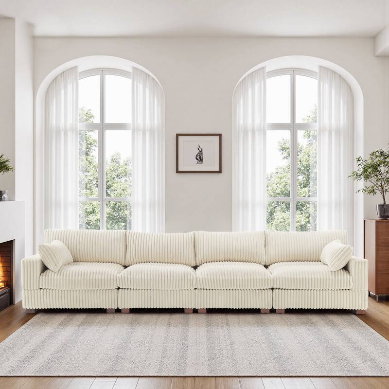 Plush Corduroy Upholstered Modular Sectional Sofa with Pillows