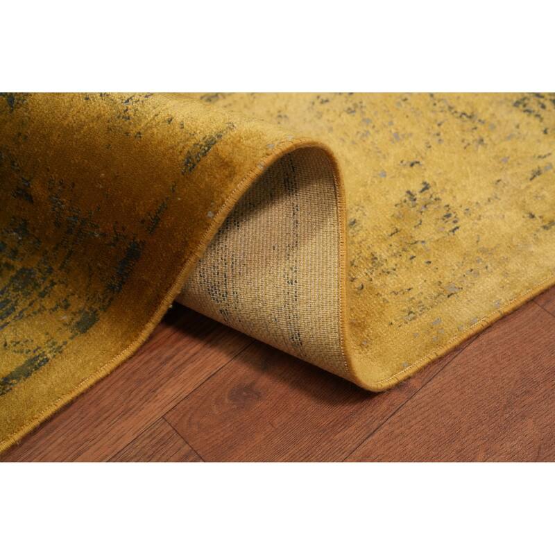 Machine Made Oriental Polyester Carpet Traditional Medallion Yellow & Gold Tabriz Area Rug - 7' 5'' X 5' 2''