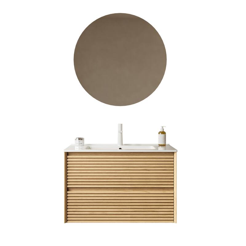 29" Bathroom Vanity with Premium Glossy White Ceramic Sink, Corolla Oak Grain Cabinet, Large Storage Drawers