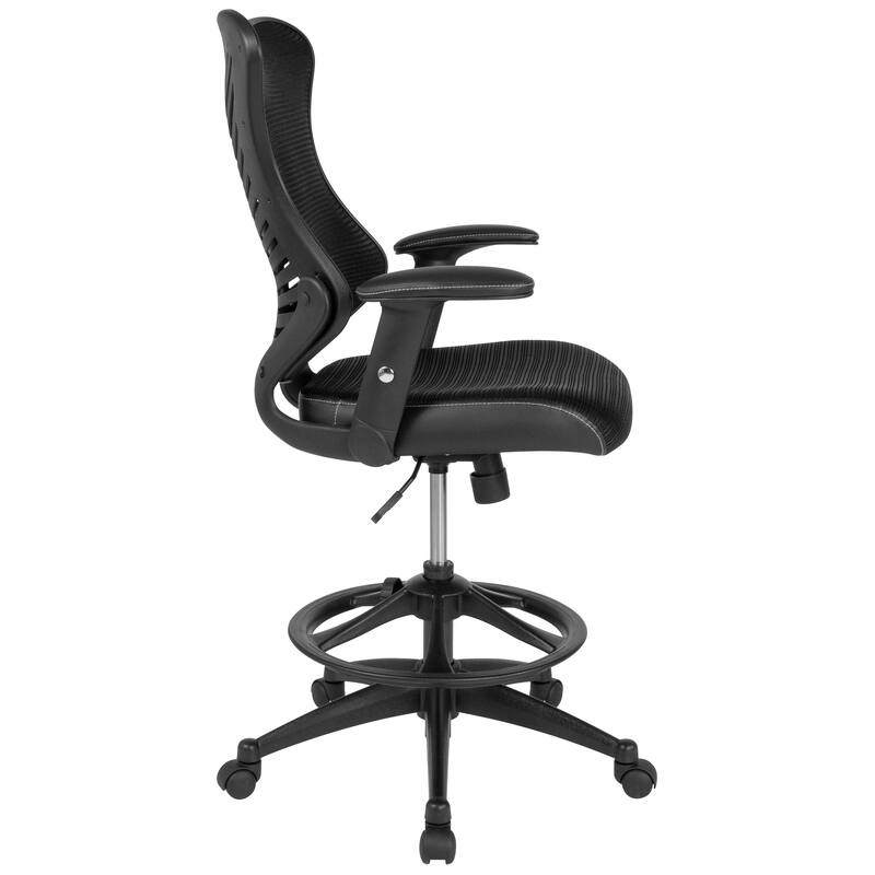 High Back Mesh Drafting Chair with LeatherSoft Sides and Adjustable Arms