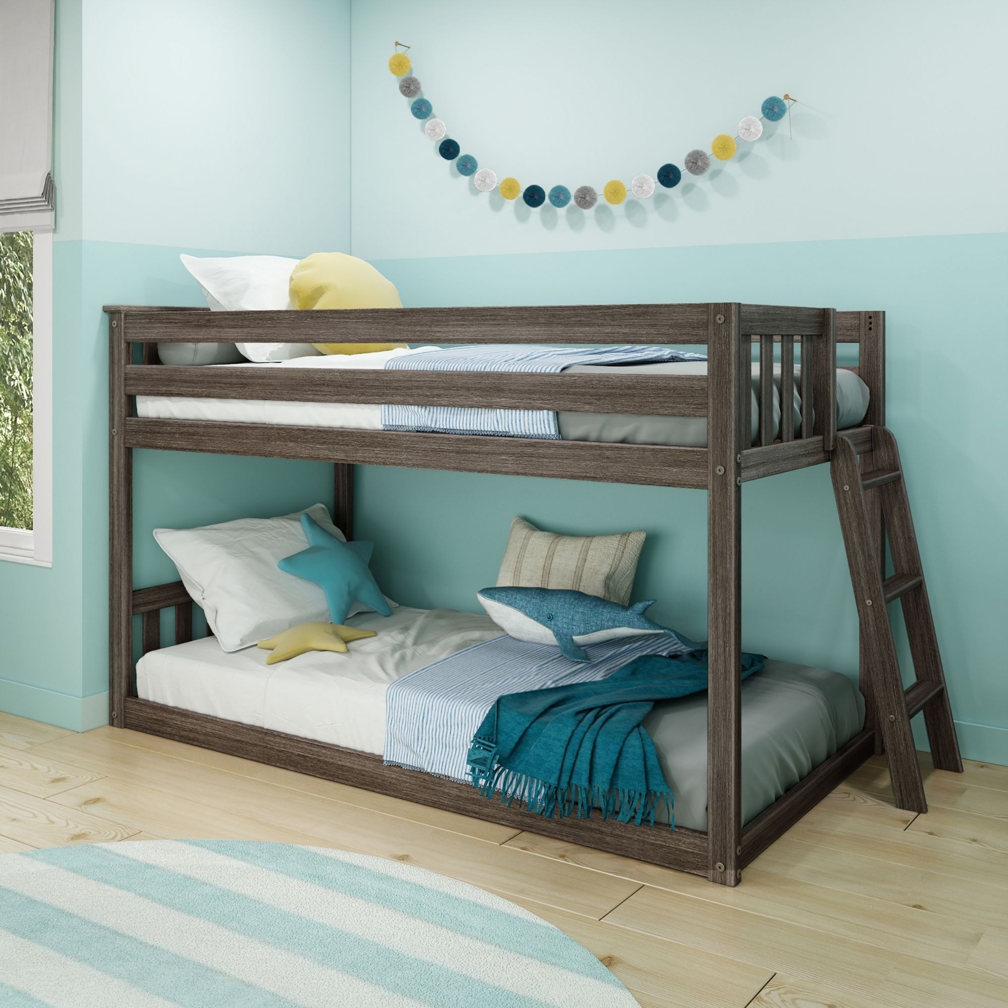 Max and Lily Twin over Twin Low Bunk Bed with Ladder on End