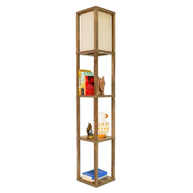 Shelf Floor Lamp For Bedroom/Living Room, Natural Wood with Long Shade