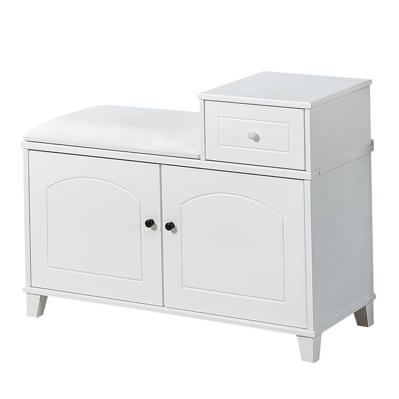 Shoe Storage Bench with PU Cushion and Movable Drawer