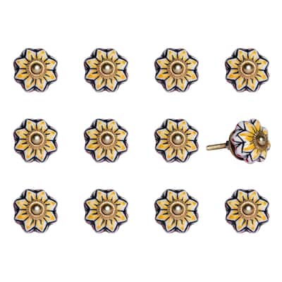 Set of 12 Round Ceramic Drawer Knobs Blue Yellow with Gold Finish and Back-plate Included - 1.5” x 1.5” x 1.5”