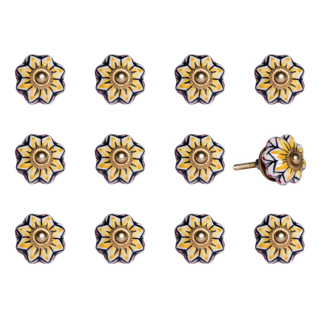 Set of 12 Round Ceramic Drawer Knobs Blue Yellow with Gold Finish and Back-plate Included - 1.5” x 1.5” x 1.5”