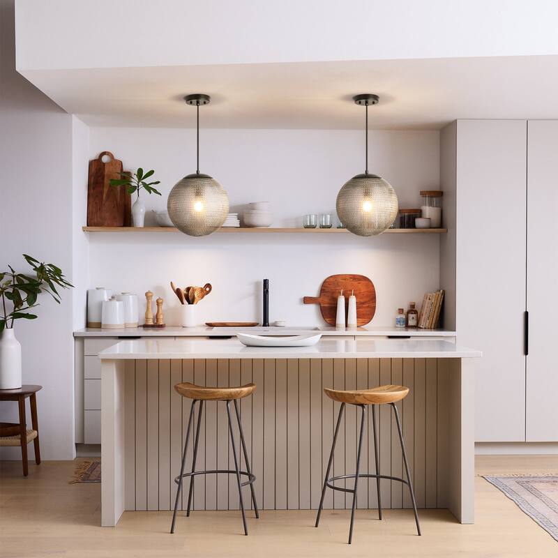 1-Light Modern Indoor Matte Black Finish Kitchen Island Pendant Lights with Globe Diamond Textured Grey/Clear Glass Shade