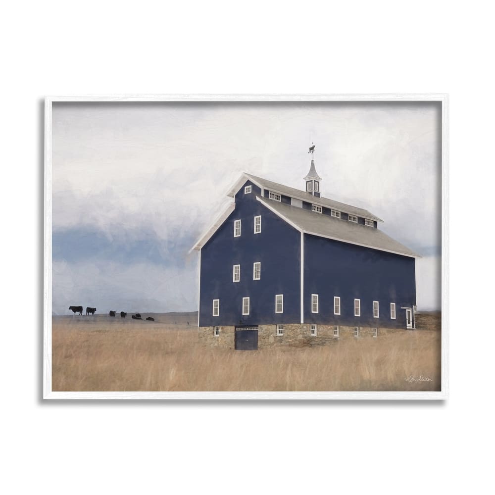Stupell Blue Farm Barn Landscape Animals Grazing Cloudy Sky Framed Wall Art
