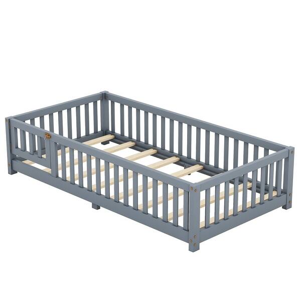 slide 2 of 27, Twin Size Bed Floor Bed with Safety Guardrails and Door for Kids