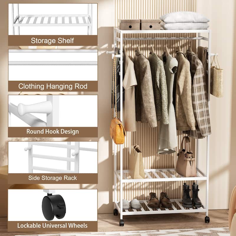 Bamboo Rolling Clothes Rack with Storage Shelves and Hanging Rod - W 30.9" x D 15.75" x H 66.34"