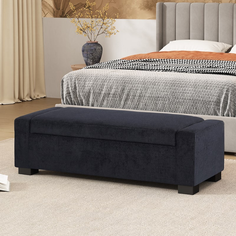 50" Ottoman Bench in Textured Fabric, Rectangular Design with Hinged Lid for Seating, Footrest, and Hidden Storage - Dark Blue