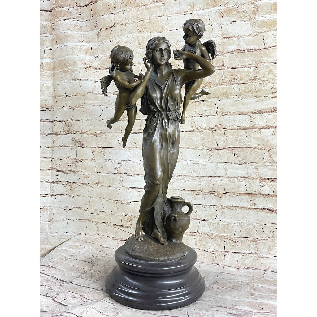 Signed Moreau Young Lady With Two Angels Bronze Sculpture Statue Figurine Decor