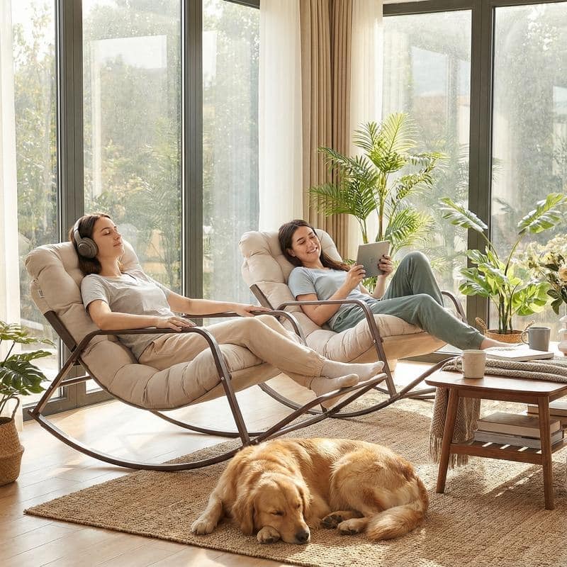 Oversized Outdoor Papasan Rocking Lounge Chair with Thick Cushion, Heavy-Duty Metal Patio Rocker Recliner, 450 lbs Capacity