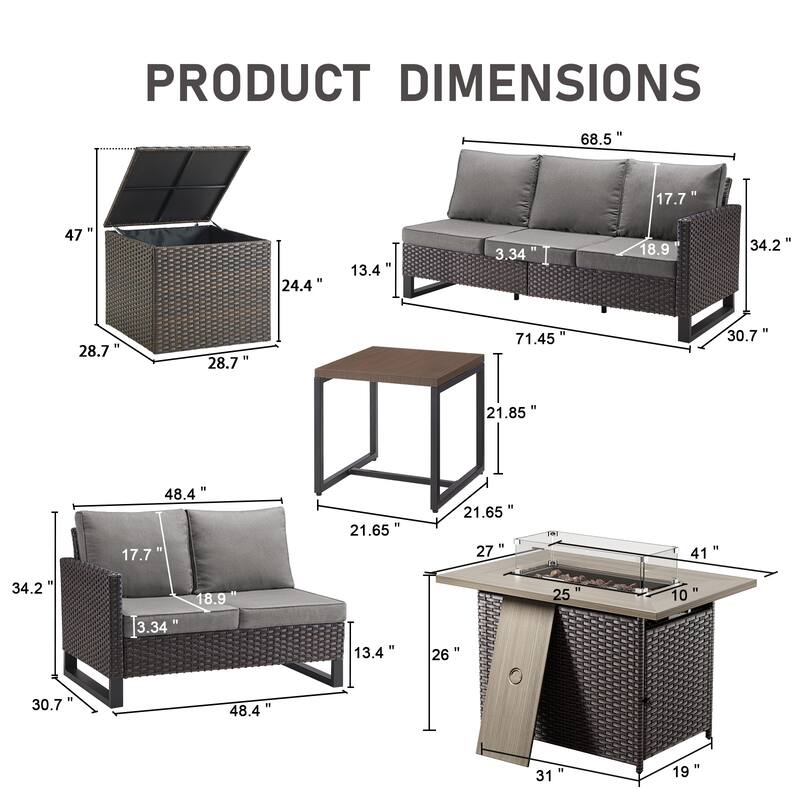 Gymojoy 5 Piece Wicker Outdoor Patio U-shaped feet Conversation Set Group , Include Fire Pit Table