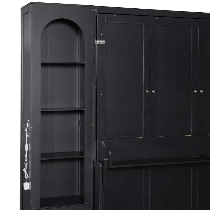 Murphy Bed Queen Size Bookcase Bed Platform Bed with Side Cabinets and 2 Drawers, Elegant French Folding Bed LED Wall Bed