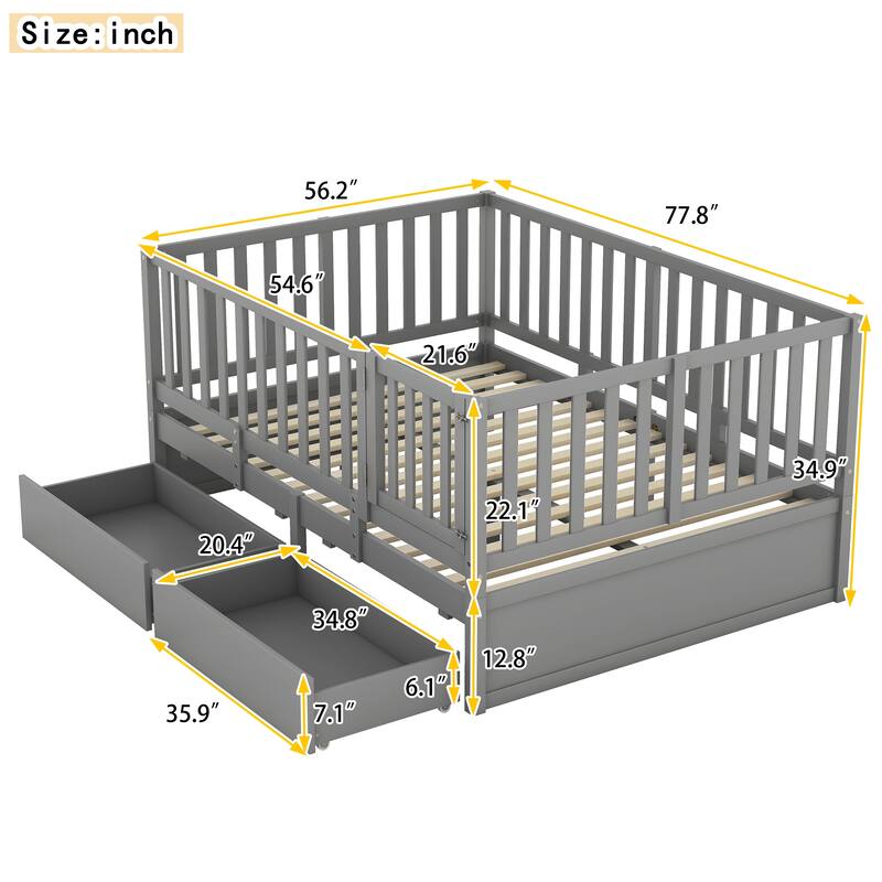 Modern Wood Daybed with Fence Guardrails and 2 Drawers