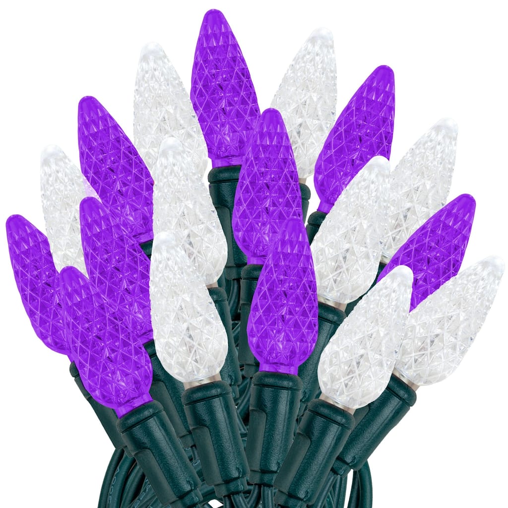 70 Light C6 LED Christmas Mini Light Set, Purple/Pure White, Green Wire, 24 Feet - Large