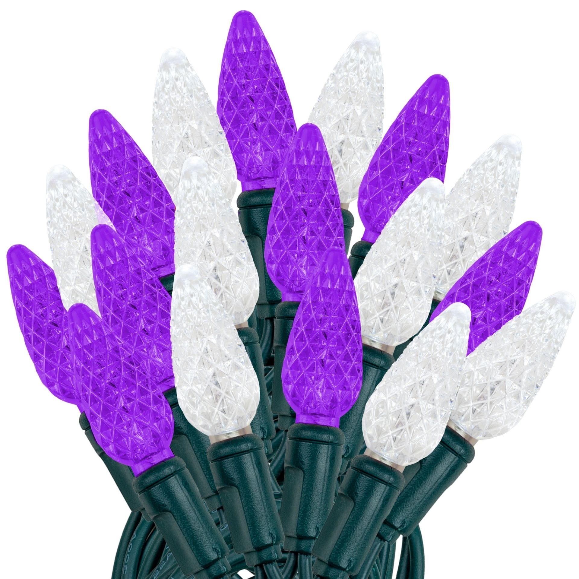70 Light C6 LED Christmas Mini Light Set, Purple/Pure White, Green Wire, 24 Feet - Large