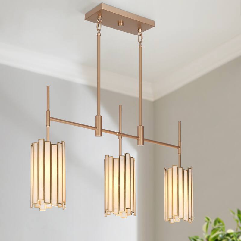 Tifany Moden Gold 3-Light Linear Chandelier Textured Glass Kitchen Island Light - L 30" x W 4.3" x H 17.3"
