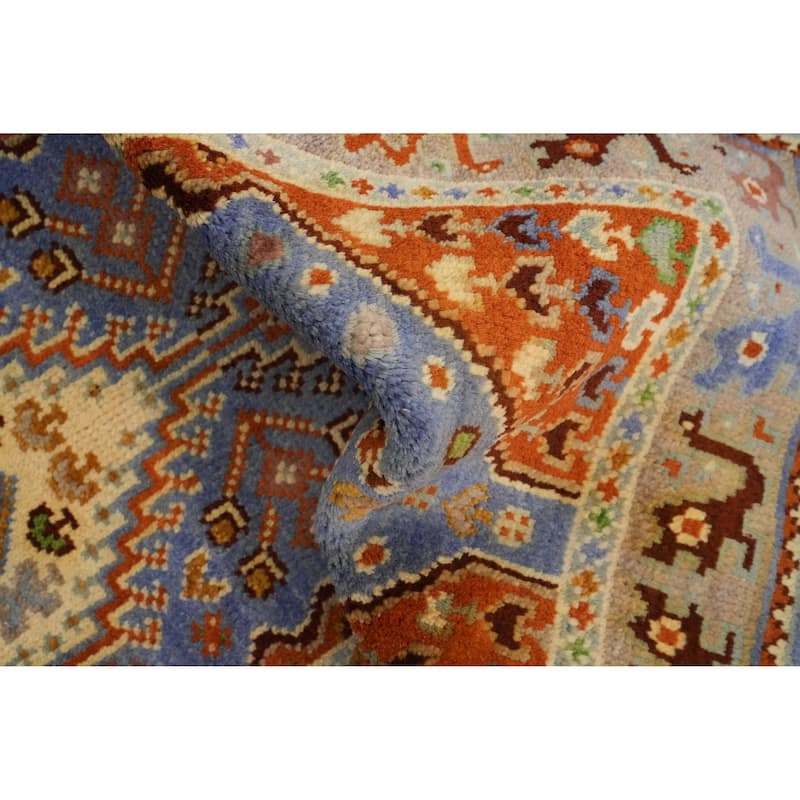 Hand-knotted Traditional Wool Blue Geometric Area Rug Oriental Carpet - 8' 1'' X 2' 7''