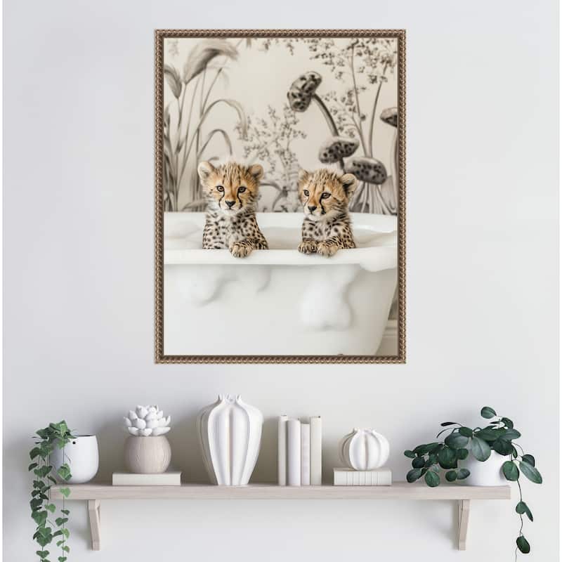 Cheetah Cub Bath by Niky Rahner Framed Canvas Wall Art