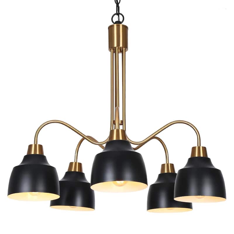 Mid-century Modern 5-Light Wheel Chandelier Black Gold Pendant for Dining Room Bedroom - Dia. 25.2" x H 22.4"