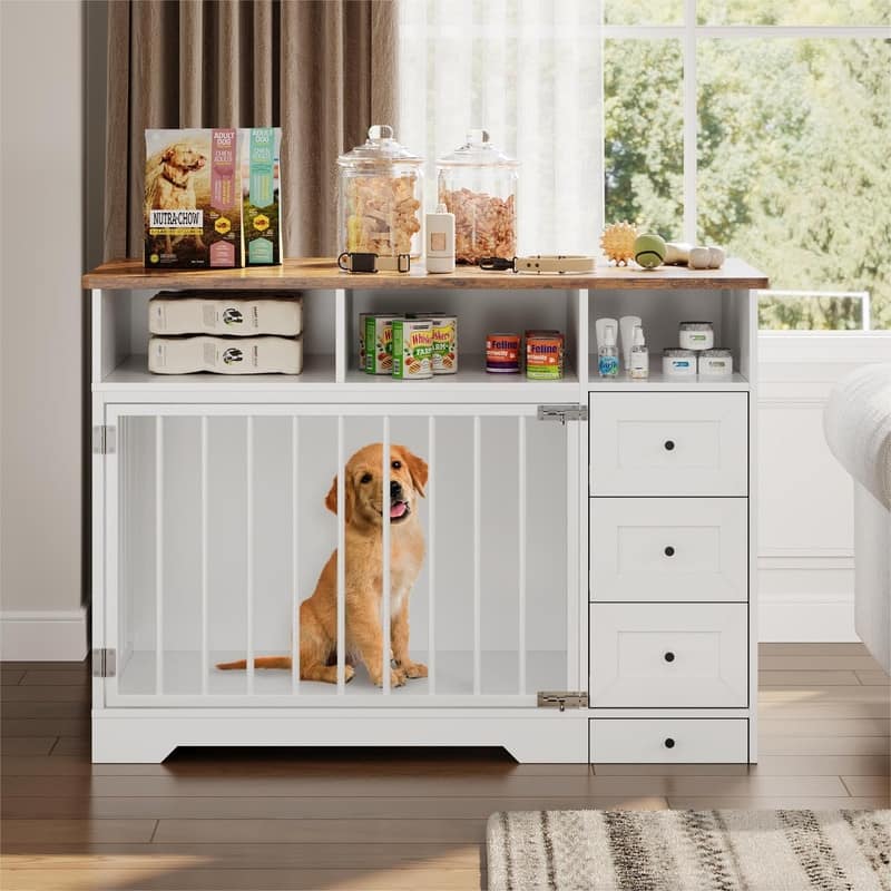 48" Farmhouse Dog Kennel Crate Furniture End Table with Bowl Storage Drawers