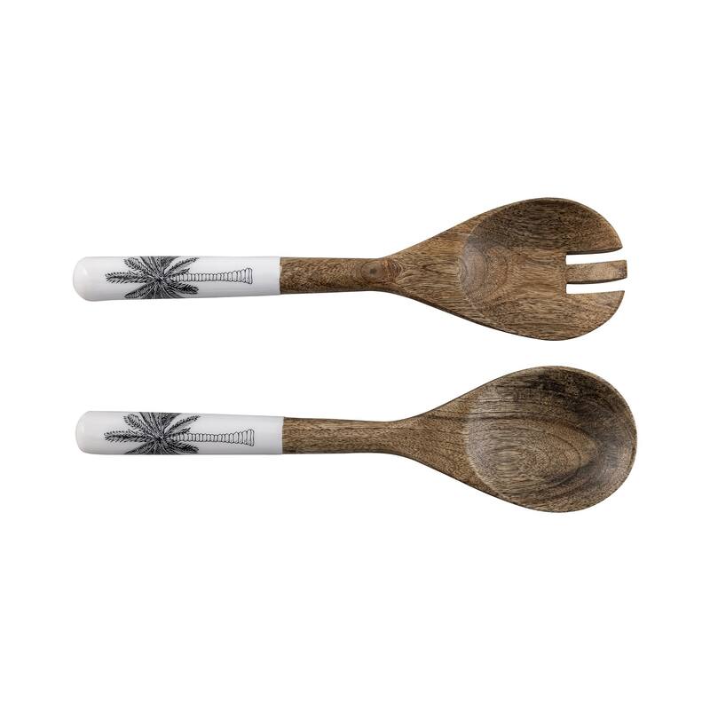Mango Wood Salad Server Set Of 2 w/Print