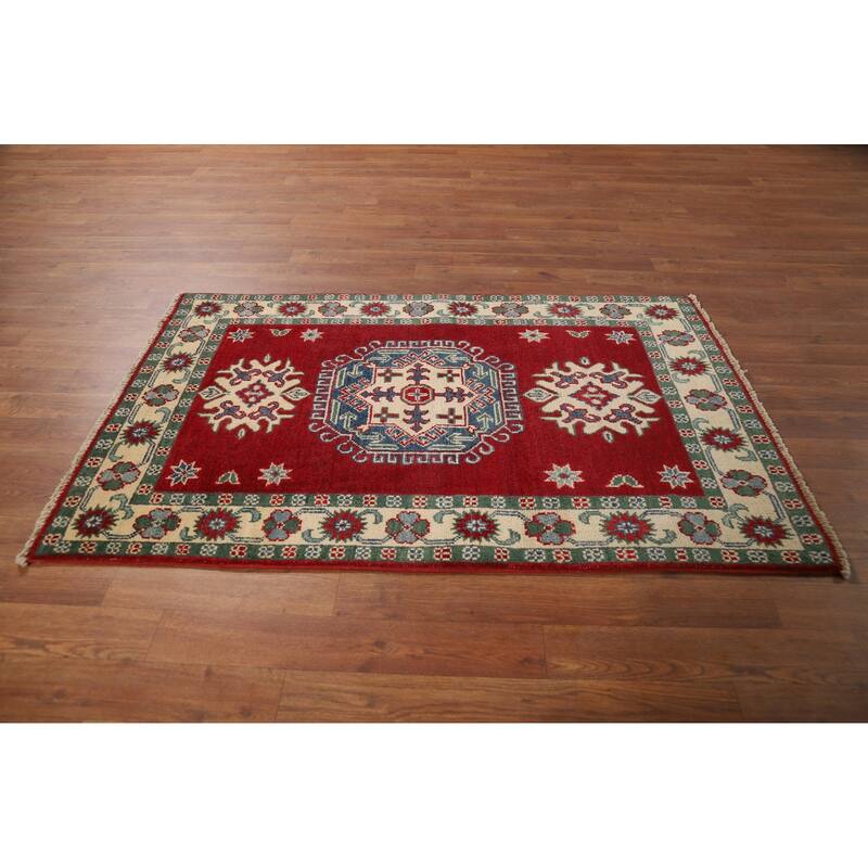 Red Kazak Foyer Rug Geometric Hand-Knotted Wool Carpet - 2'9"x 4'3"