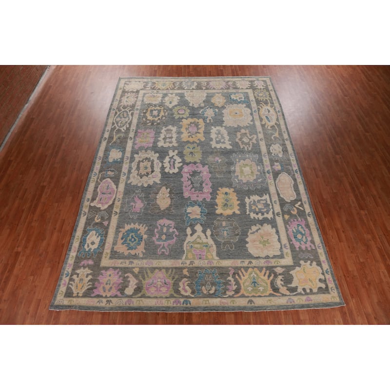 Hand Knotted Oriental 100% Wool Carpet Transitional All-Over Greys & Charcoal Oushak Area Rug - 14' 4'' X 9' 11''