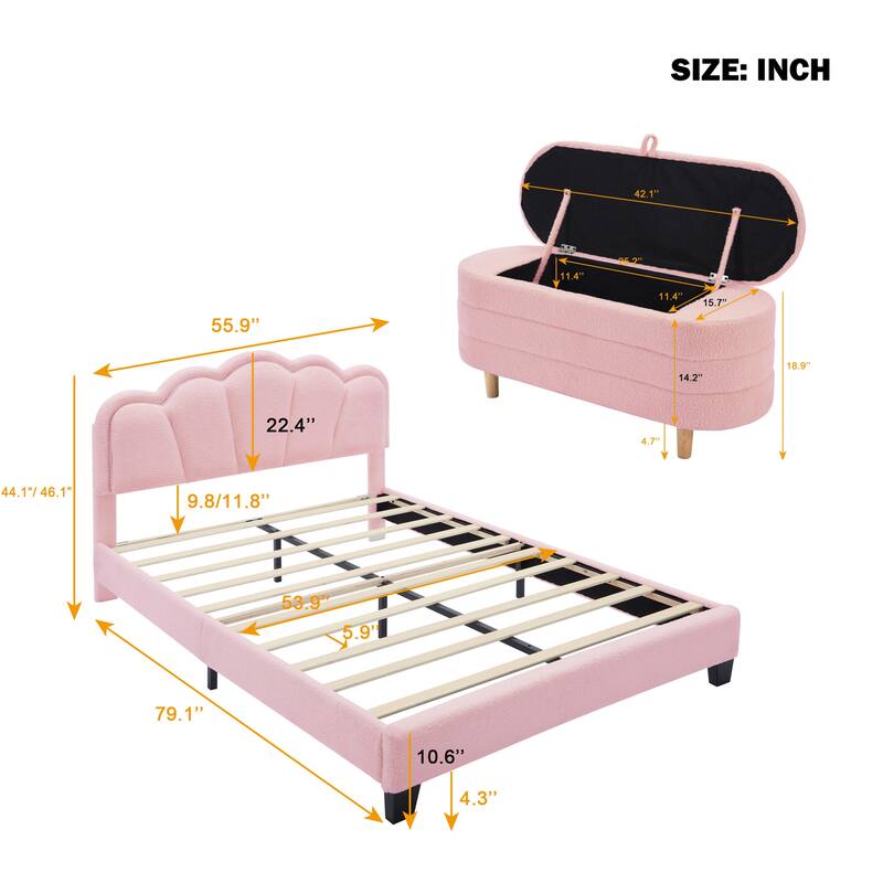 2-Pieces Bedroom Sets Upholstered LED Platform Bed with Storage Ottoman