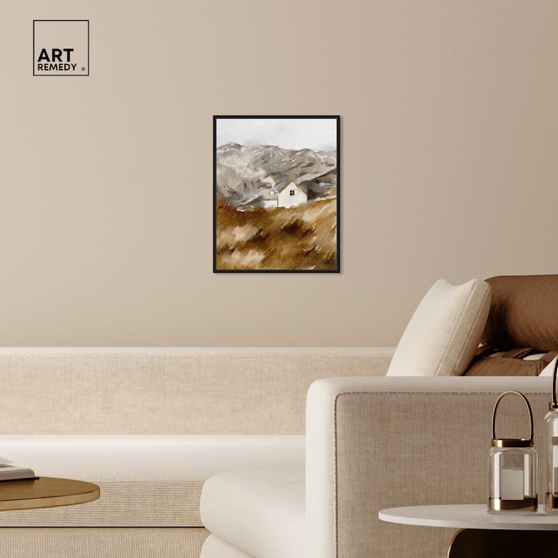 Art Remedy House In The Mountains Framed Landscape 1 Piece Canvas Wall Art Watercolor Style