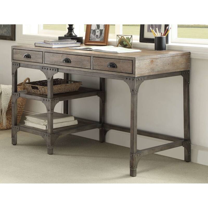Desk with 3 Drawers in Weathered Oak & Antique Silver